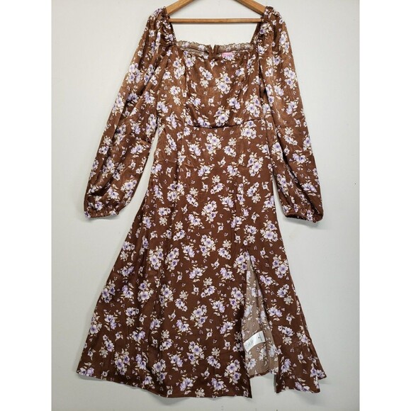 Mi Ami Dresses & Skirts - Mi Ami Francescas Long Sleeve Maxi Dress Slit Brown Purple Floral New With Tags